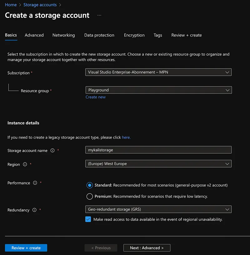 Creating a storage account