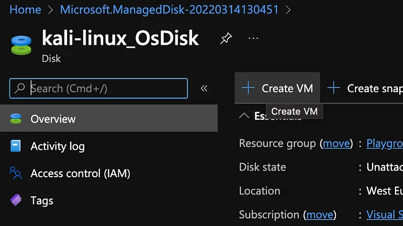 kali-linux OS-Disk — Create VM